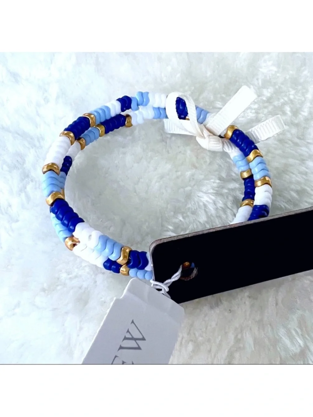 J. Crew Blue and White  2 piece Chevron Color block Beaded Stretch Bracelets